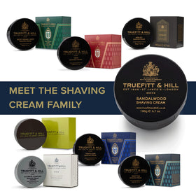 Packaging detail of Truefitt & Hill sandalwood shaving cream bowl with foil label