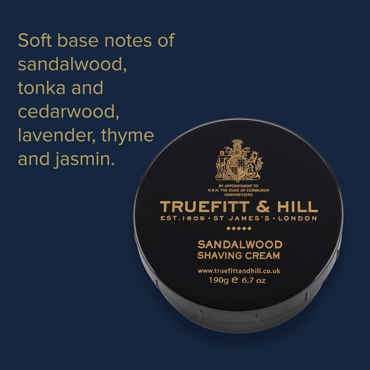 Close-up of Truefitt & Hill sandalwood shaving cream jar label for refined aroma notes