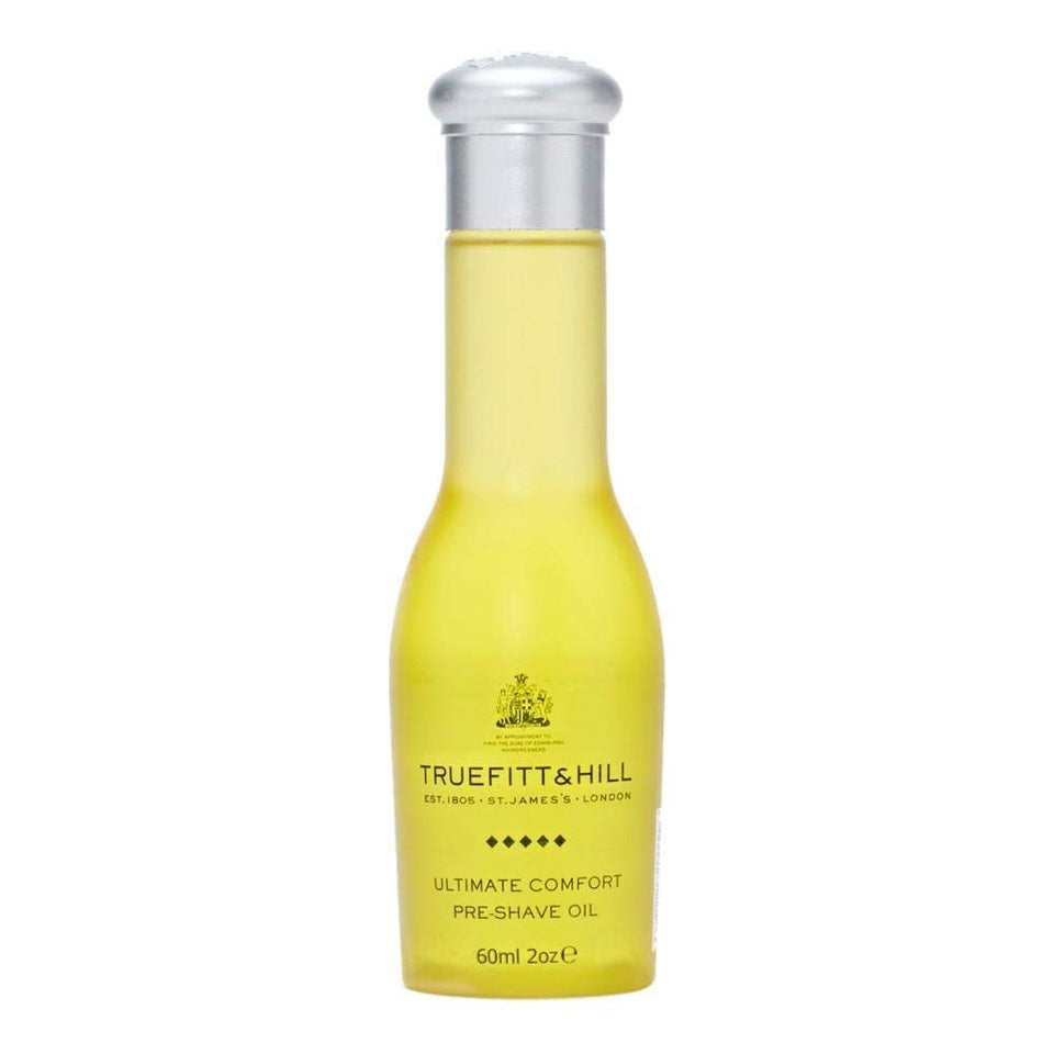 Truefitt & Hill Ultimate Comfort Pre-Shave Oil bottle for smooth glide and skin protection.