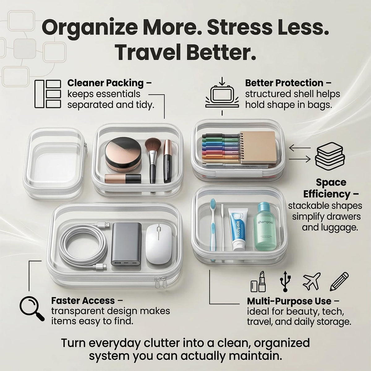 TRUEVALE 6-pack medium clear shell case keeps cosmetics neatly visible during travel