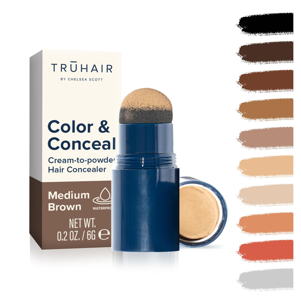 TRUHAIR Color & Conceal cap-transfer shows easy, mess-free root touch up.