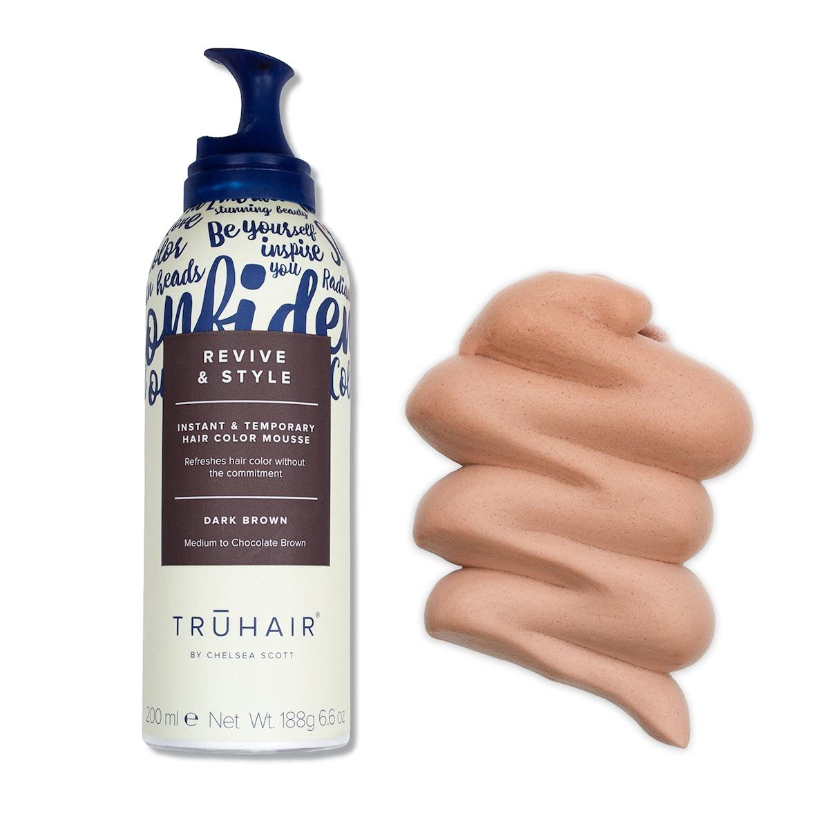Truhair Revive and Style Color Mousse bottle close-up shows warm-dark brown shade.