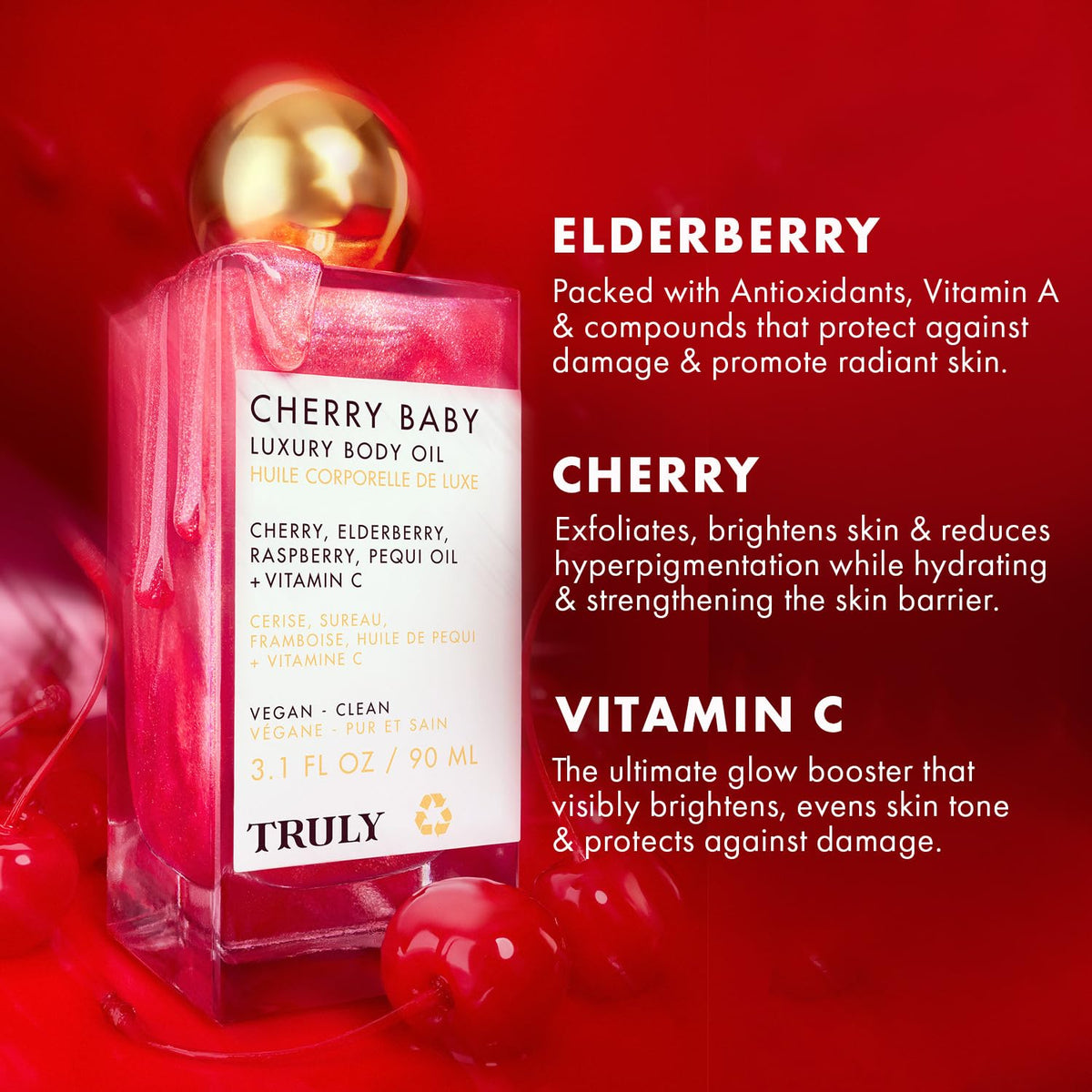 Truly Cherry Baby Oil bottle top view for effortless moisturization