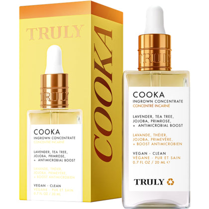 Truly Cooka Concentrate bottle close-up highlighting soothing ingrown hair relief