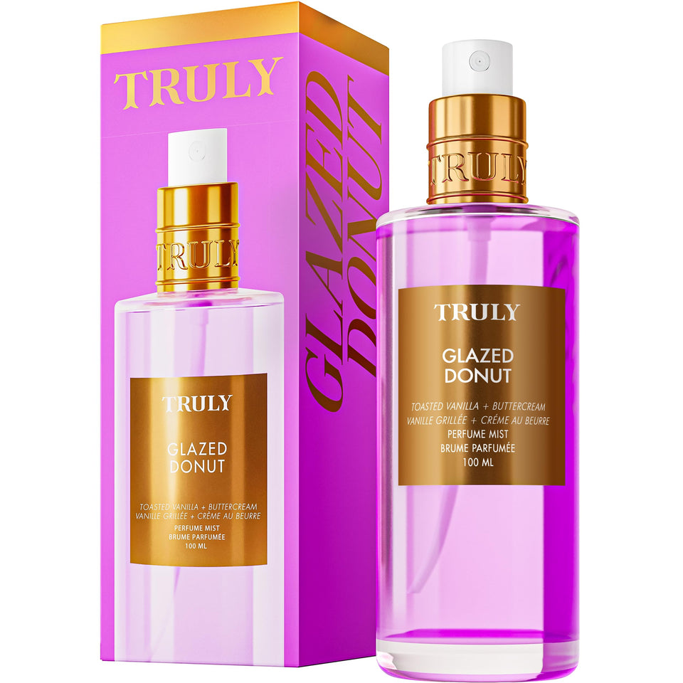Truly Glazed Donut Perfume Mist bottle shows creamy vanilla and buttercream for everyday wear.