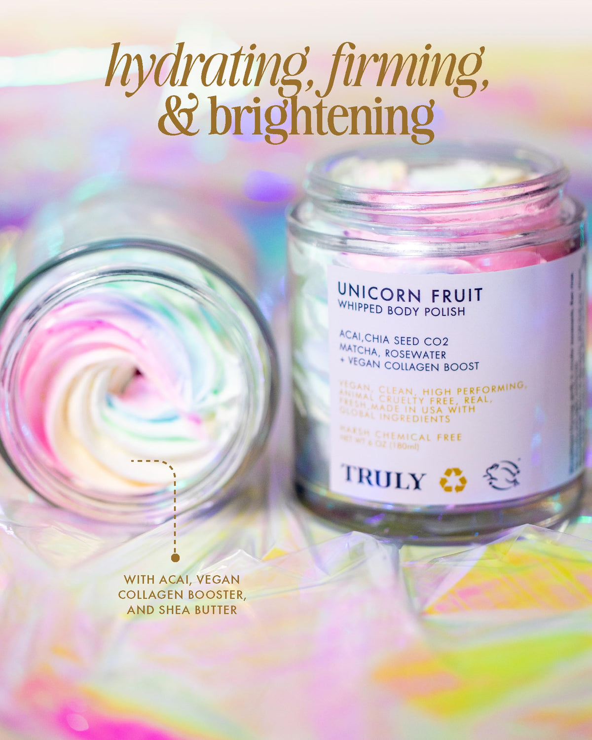 Close-up of Truly Unicorn Whipped Body Polish texture showing fluffy, hydrating formula