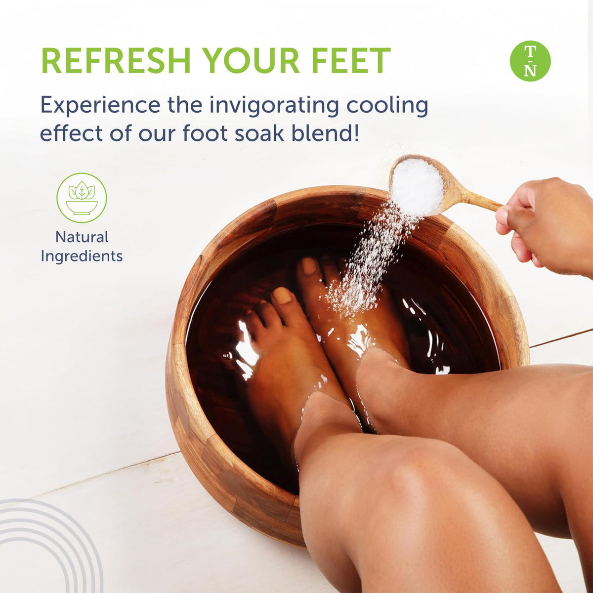 Truremedy Naturals foot soak close-up showing tea tree oil for cleansing and cooling.