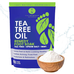Truremedy Naturals tea tree foot soak with epsom salt refreshes tired feet.