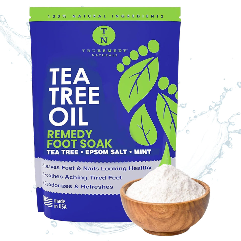 Truremedy Naturals tea tree foot soak with epsom salt refreshes tired feet.