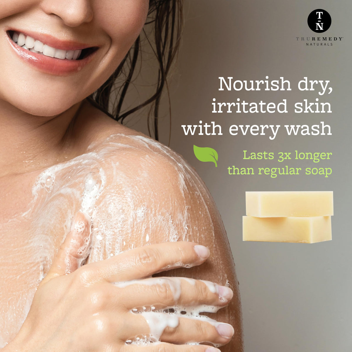 Truremedy Naturals Tea Tree Soap Bar foaming-lather provides deep cleansing with peppermint and eucalyptus.