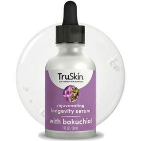 TruSkin Longevity Bakuchiol Serum bottle shows a premium anti-aging solution for smoother-looking skin.