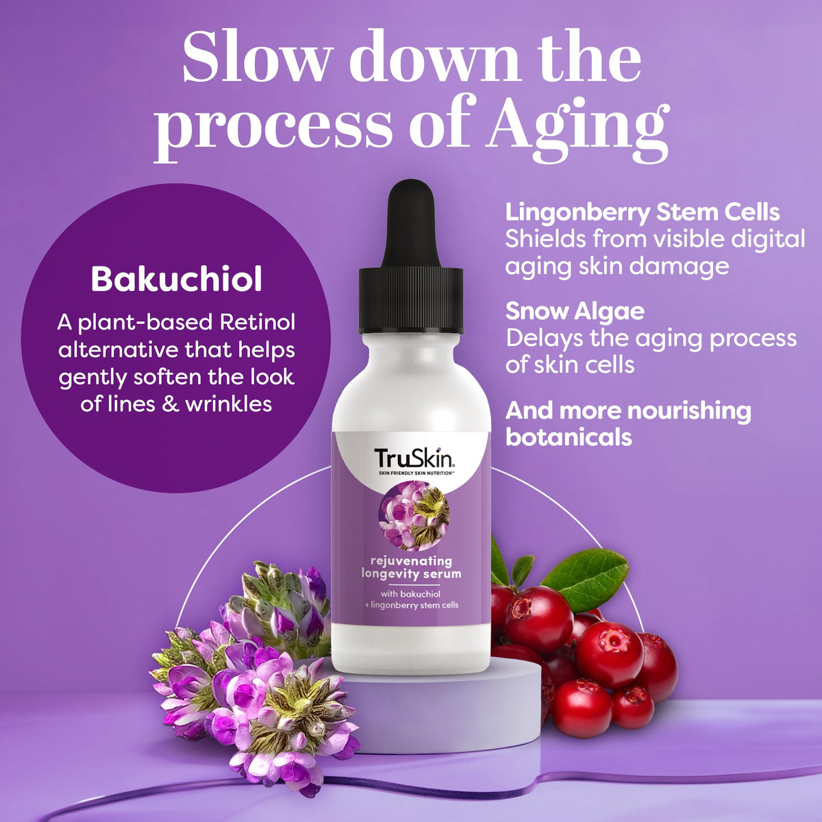 TruSkin Longevity Snow Algae illustration highlights a science-backed plant stem cell complex.