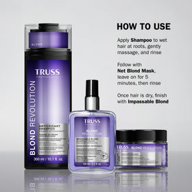 TRUSS Blond Revolution mask application on damp hair boosts color vitality.