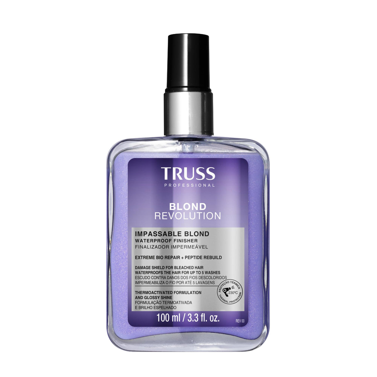 TRUSS Blond Revolution waterproof spray application showing long-lasting frizz protection.