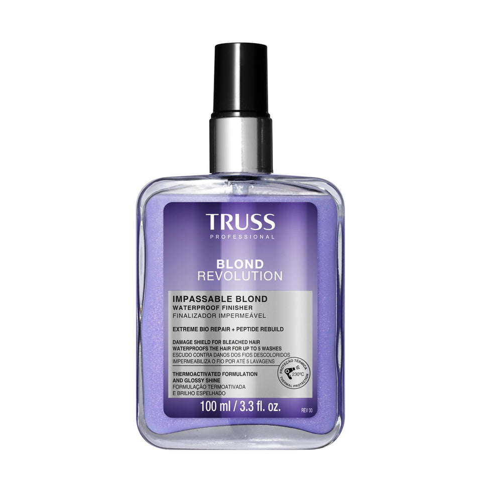 TRUSS Blond Revolution waterproof spray application showing long-lasting frizz protection.