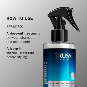 TRUSS Deluxe Prime cuticle protection graphic highlights damaged hair shielding.