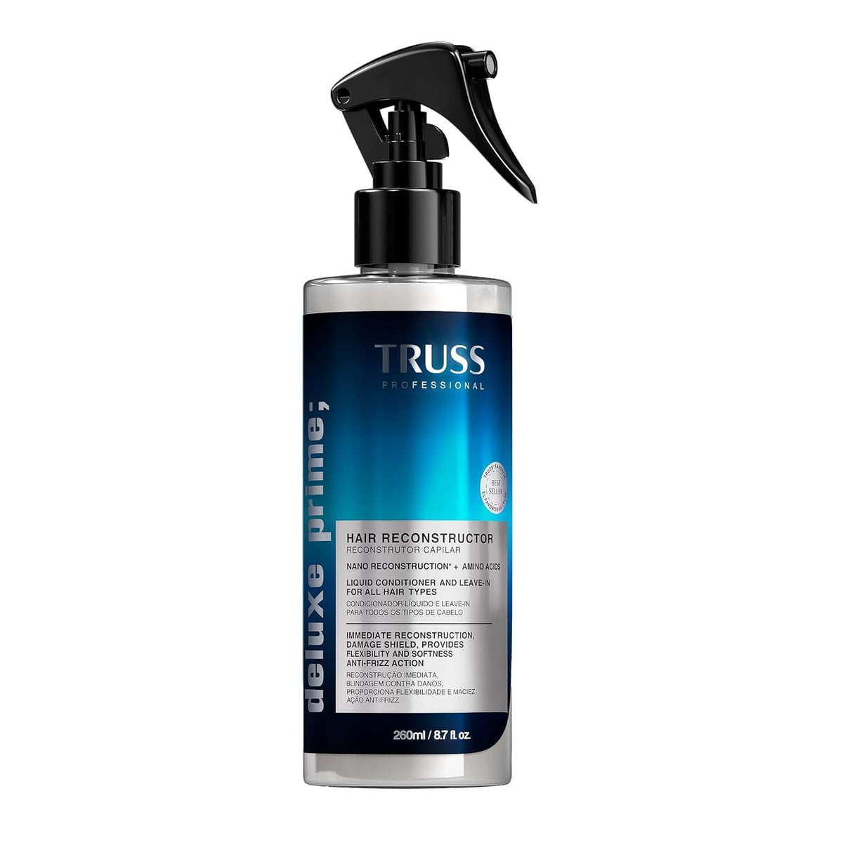 TRUSS Deluxe Prime hair spray bottle showing cuticle protection and anti-breakage benefits.
