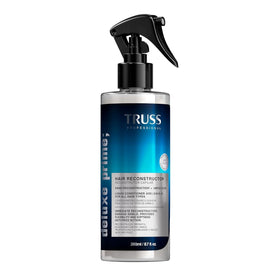 TRUSS Deluxe Prime hair spray bottle showing cuticle protection and anti-breakage benefits.