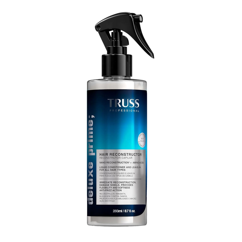 TRUSS Deluxe Prime hair spray bottle showing cuticle protection and anti-breakage benefits.