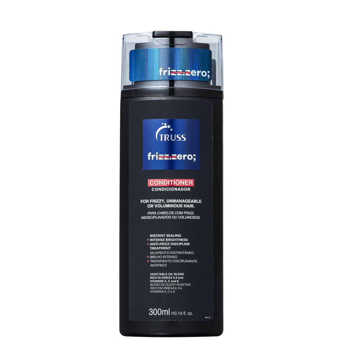 TRUSS Frizz Zero Conditioner bottle showing frizz control and moisture protection.