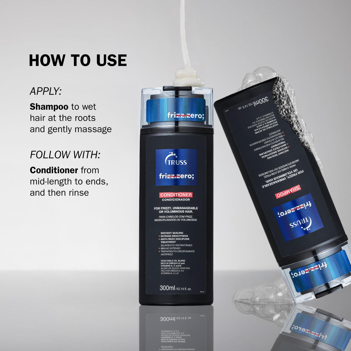 Hair observed after TRUSS Frizz Zero Conditioner application, smooth and manageable.