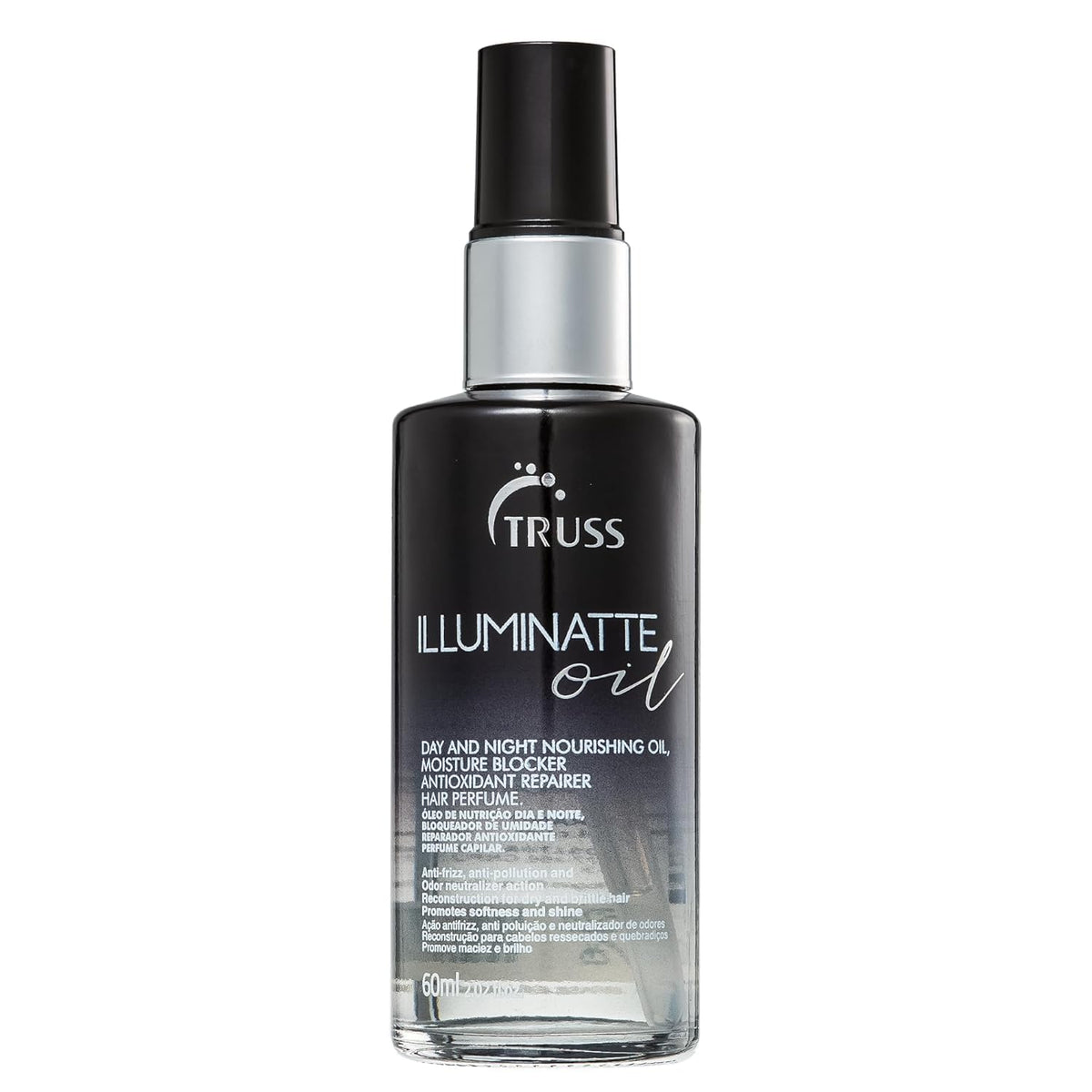 TRUSS Illuminatte hair oil bottle on a clean surface adds radiant shine and frizz control.