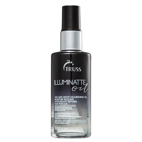 TRUSS Illuminatte hair oil bottle on a clean surface adds radiant shine and frizz control.
