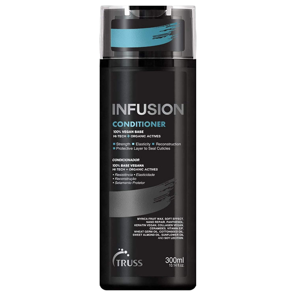 TRUSS Infusion conditioner bottle front highlights color-safe, deep hydration benefits.