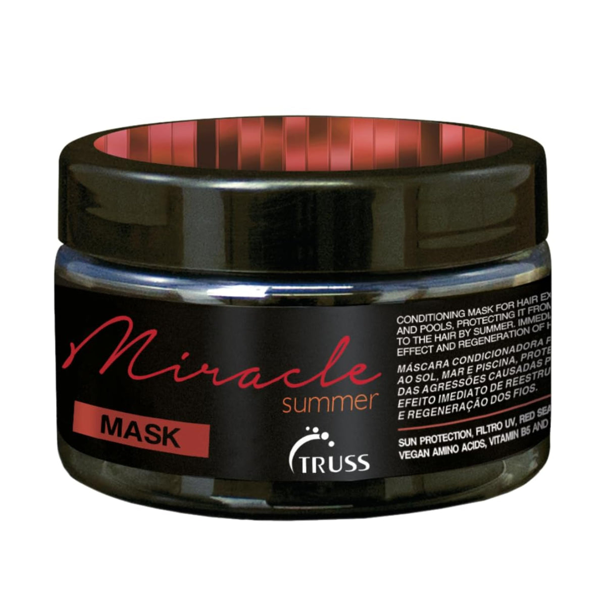 TRUSS Miracle Summer Mask bottle highlights hydrating care for dry, damaged hair.