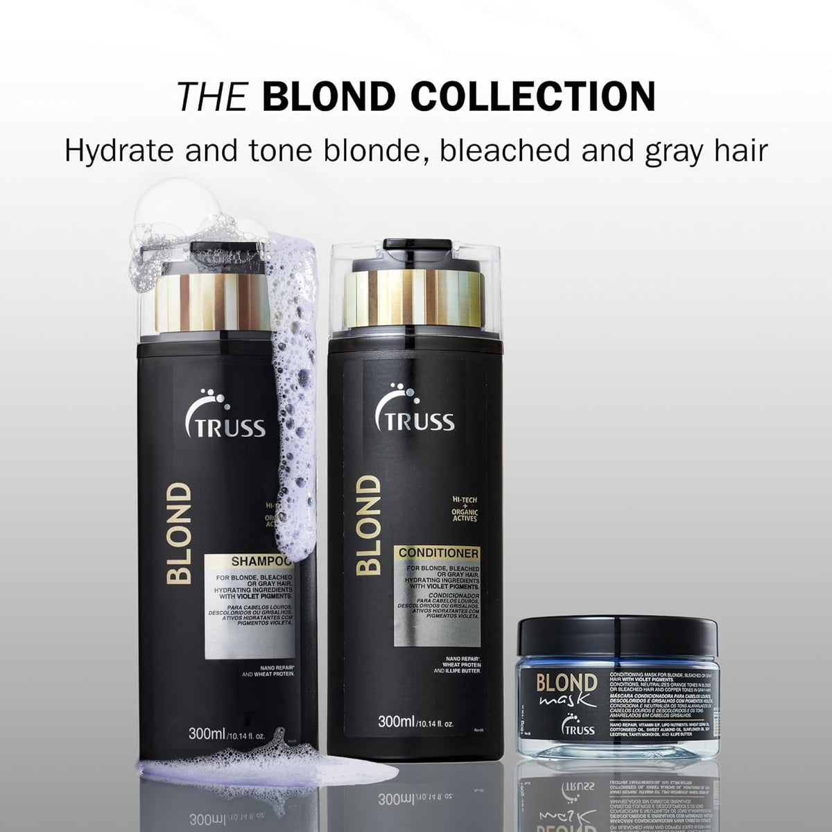 TRUSS Purple Shampoo packaging back shows ingredients and simple usage tips