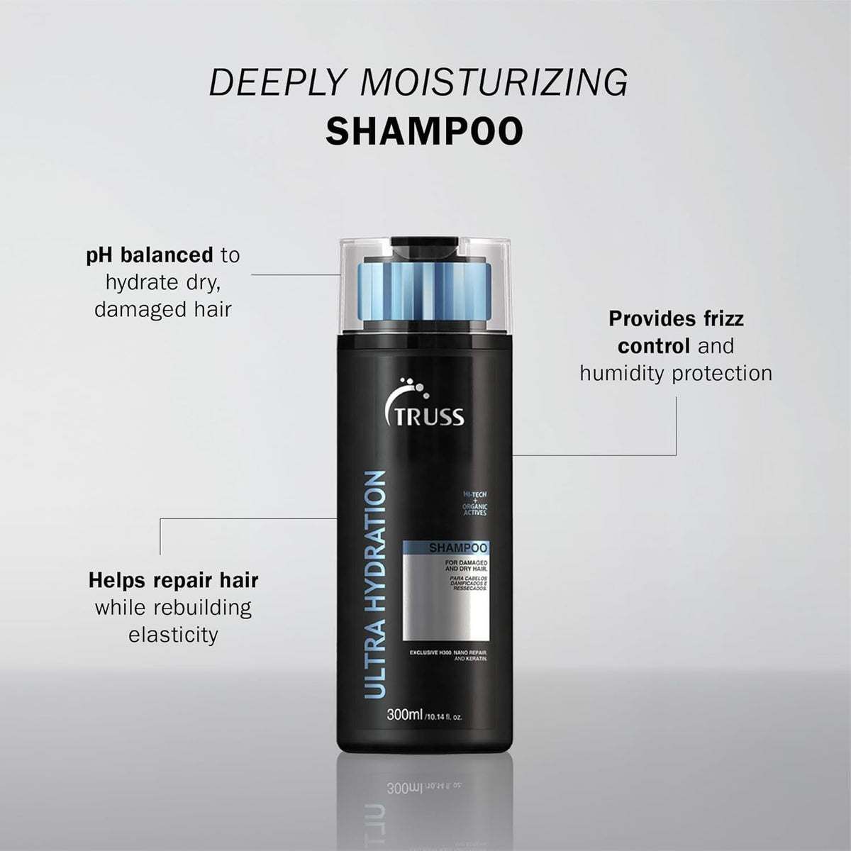 Lush lather from TRUSS Ultra Hydration Shampoo nourishes dry hair.