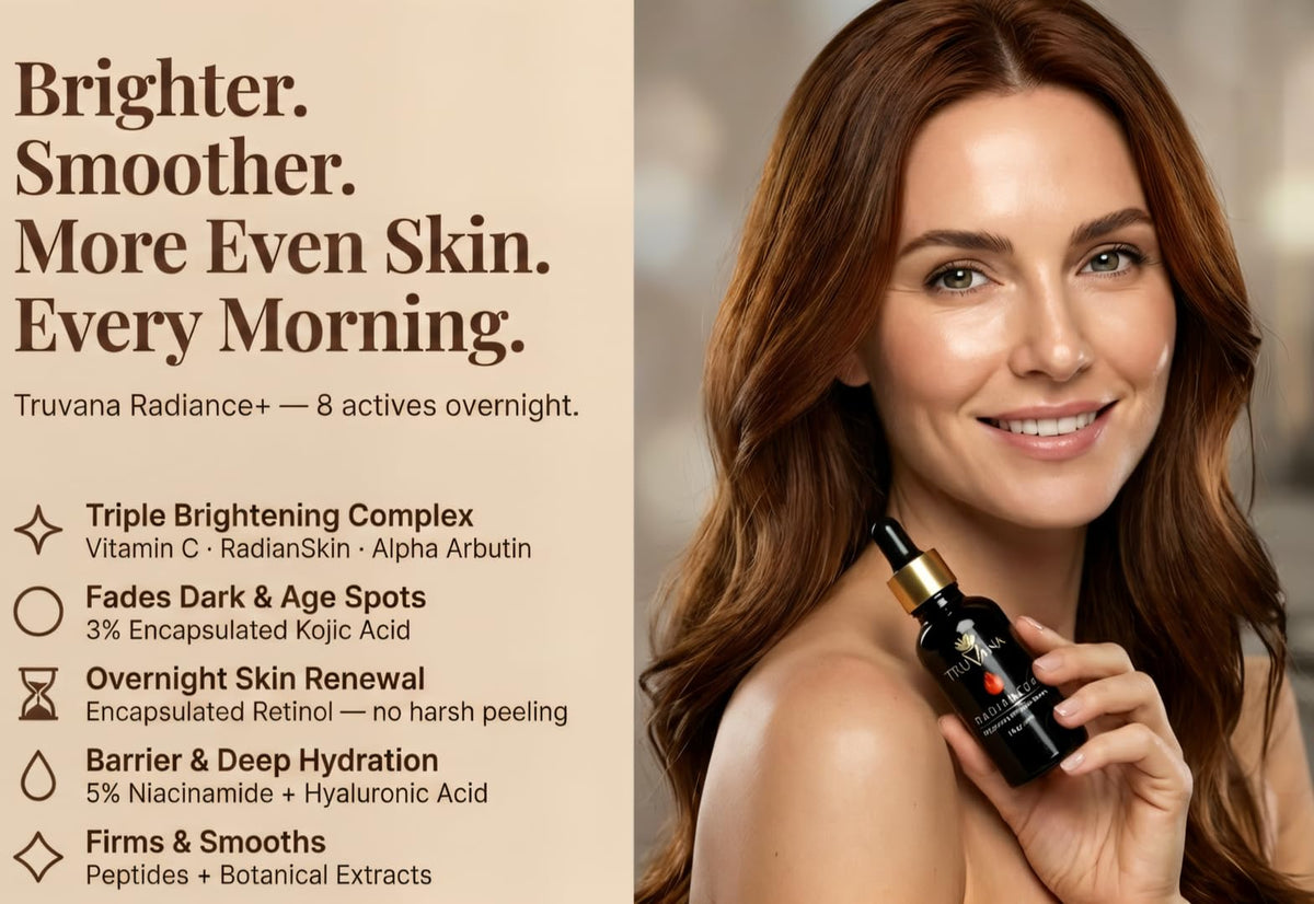 Truvana Retinol Peptides night care image suggests smoothing and firming benefits