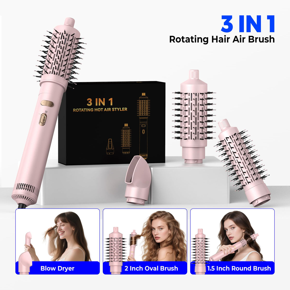 Trylater 4-in-1 rotating brush with 1-5 inch attachment for short hair