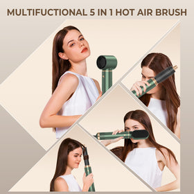 Trylater 5-in-1 blow dryer brush with attached magnetic heads for versatility.