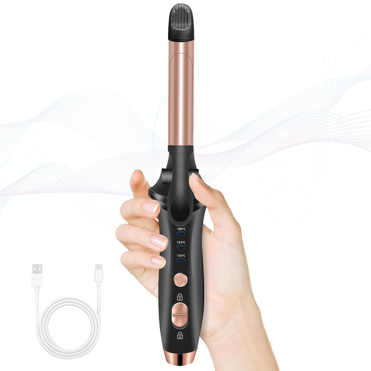 TryLater cordless curling iron in hand for portable styling on the go.