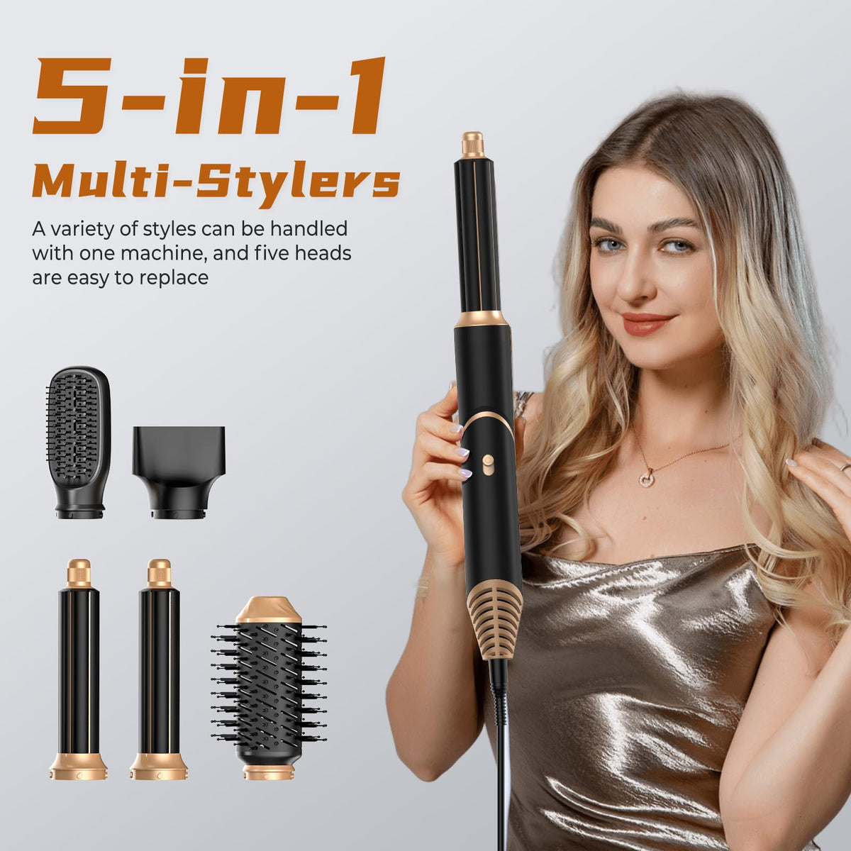 Trylater detachable air styler with multiple attachments for personalized hair looks.