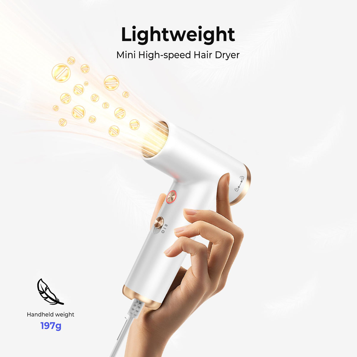 Trylater Mini Hair Dryer, ergonomic and compact, fits easily in small bags.
