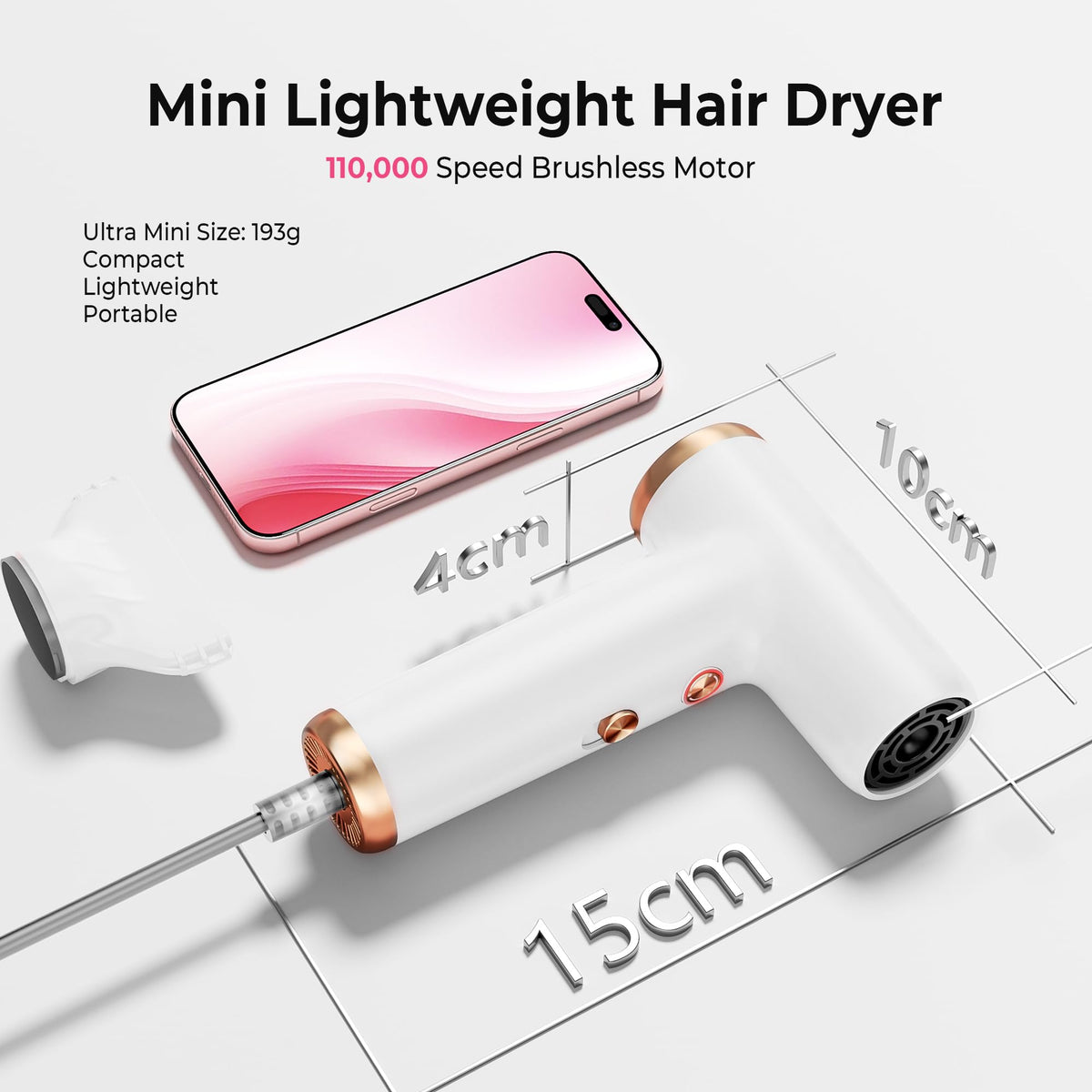 Trylater Mini Hair Dryer showing ion control for smoother styling on the go.
