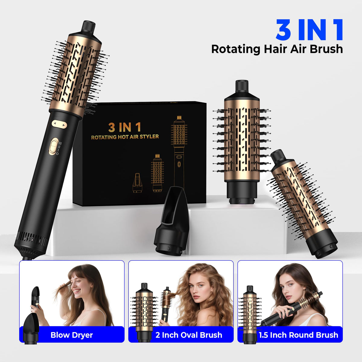 TryLater rotating hair dryer brush with a 1.5-inch barrel for detailed smoothing.