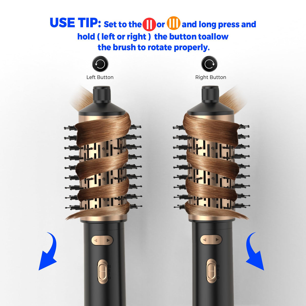 TryLater rotating hair dryer brush front view showing bi-directional rotation.