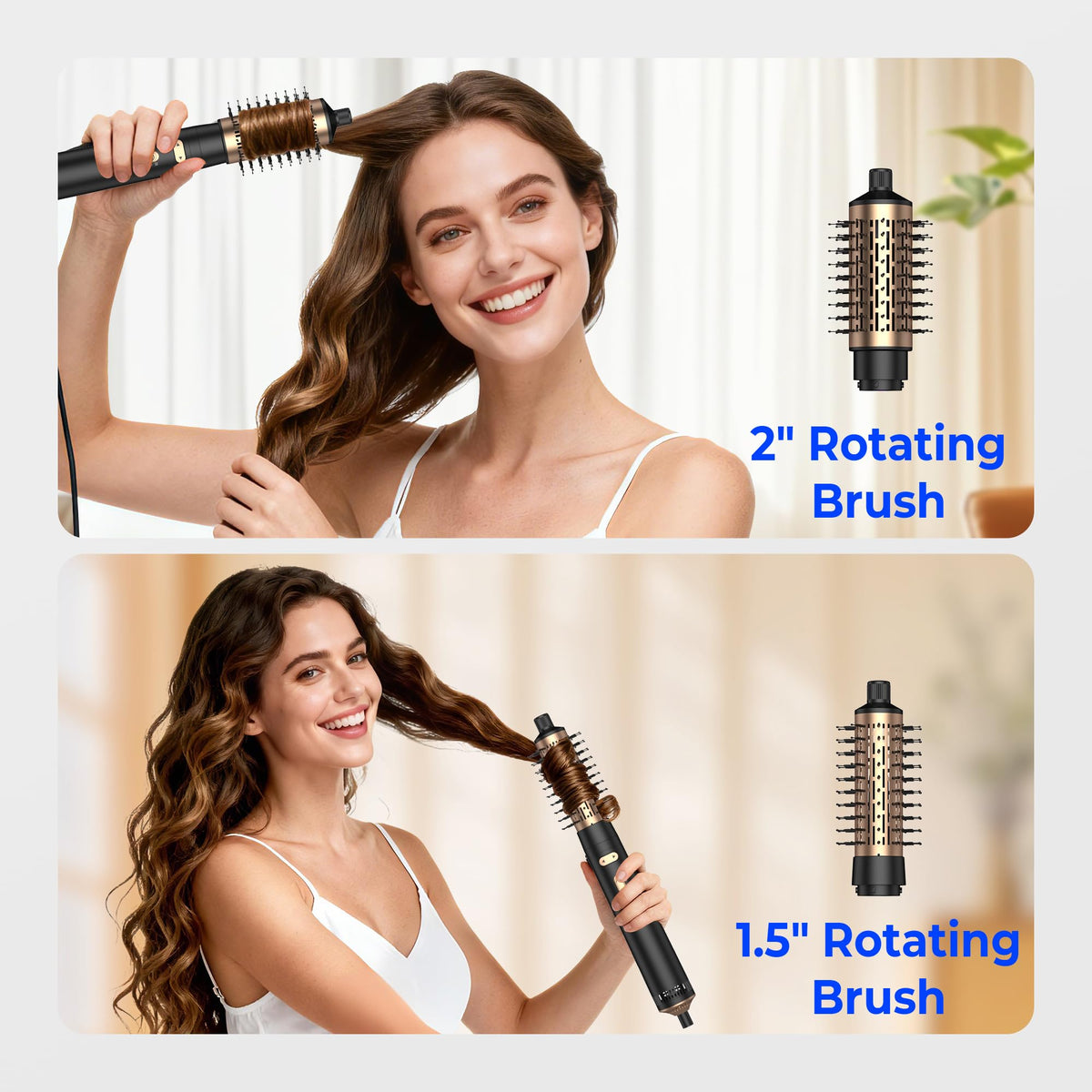 TryLater rotating hair dryer brush with two interchangeable brushes boosts versatility.