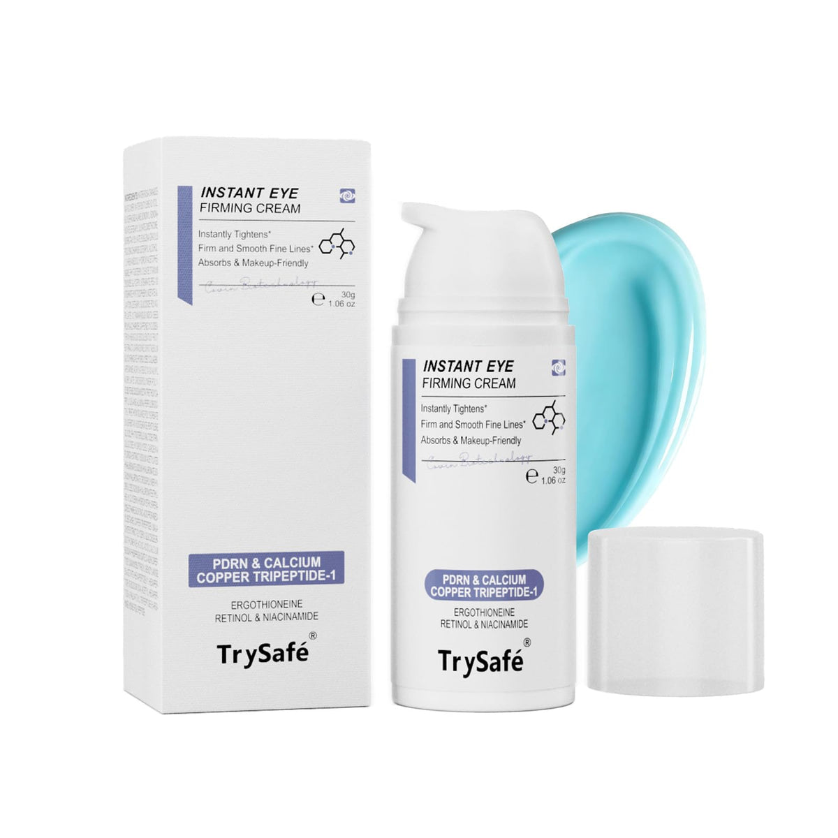 TrySafe eye tightener bottle close-up showing quick under-eye refresh