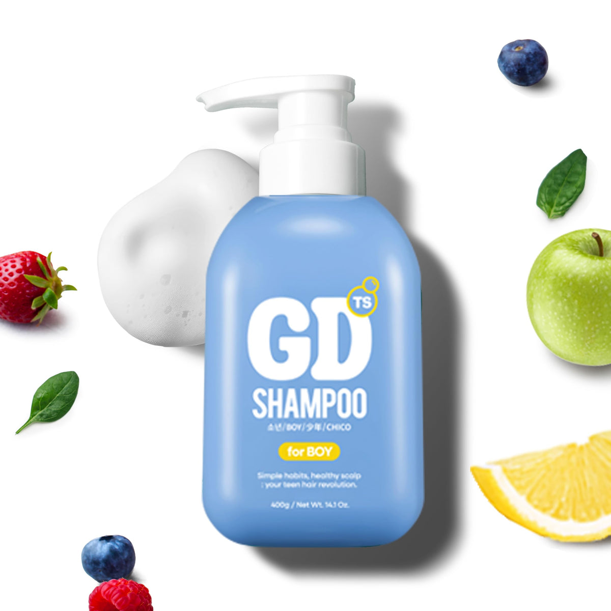 TS GD Shampoo for Boys bottle signaling oil balance after activity.