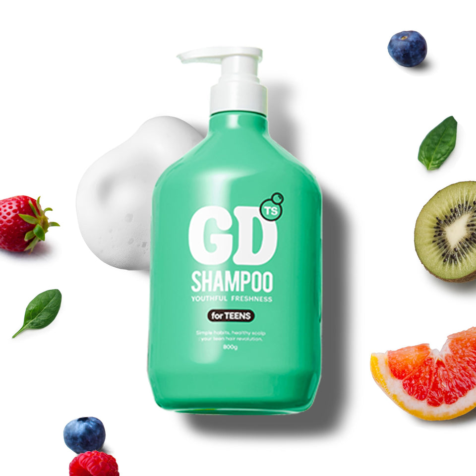 TS GD Teen Shampoo bottle pour for a refreshing scalp cleanse.
