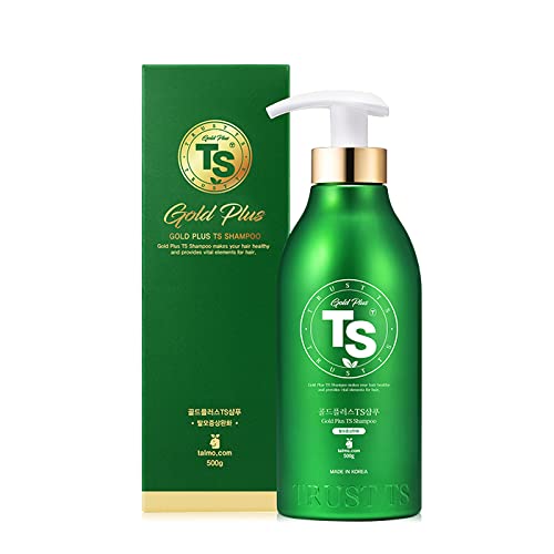 TS Gold Plus Shampoo bottle close-up highlighting premium thinning hair formula