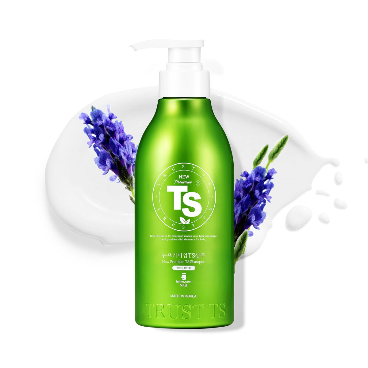 TS New Premium Shampoo bottle showcasing premium thinning hair care benefits
