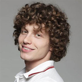 Tseses brown curly short Afro wig on model for cosplay and daily wear