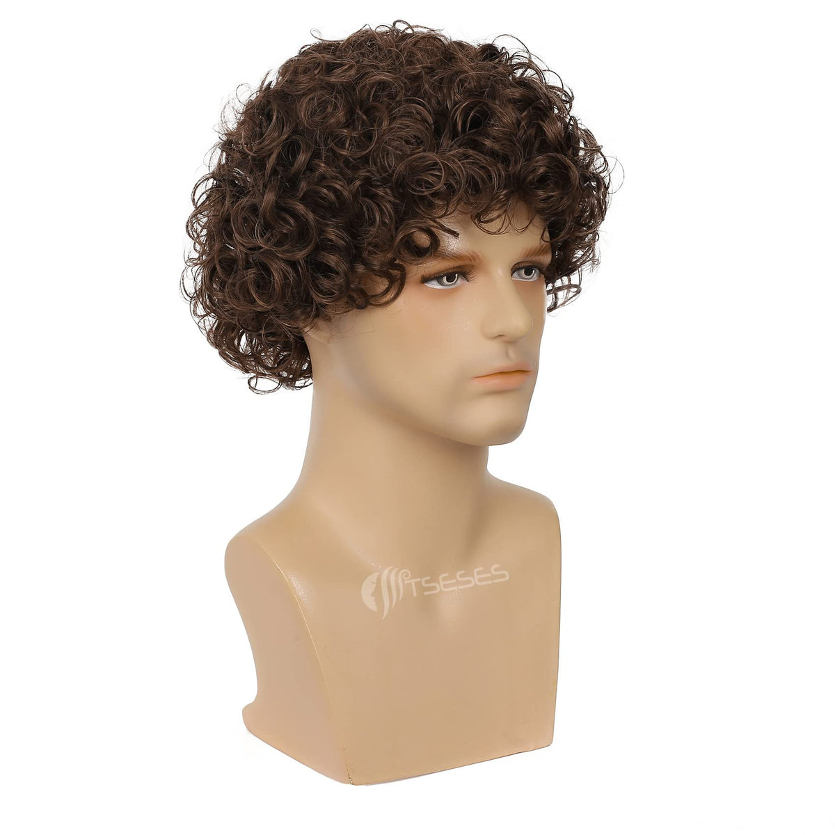 Tseses brown curly short Afro wig worn by model for casual styling