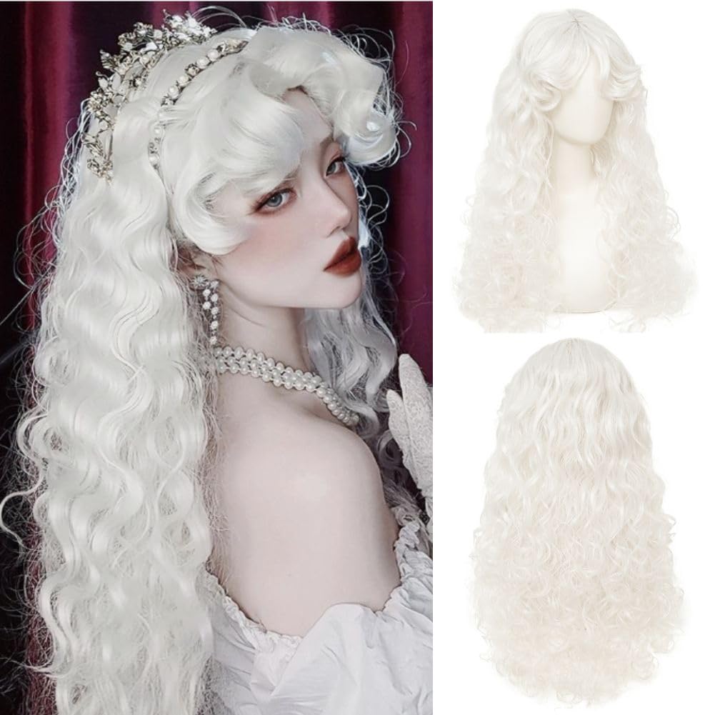 Tseses white long curly wig with middle part and bangs, for a cute, natural look.