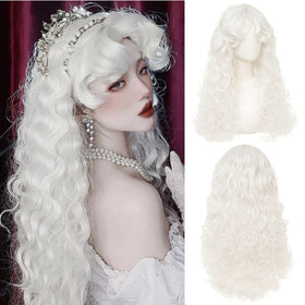 Tseses white long curly wig with middle part and bangs, for a cute, natural look.